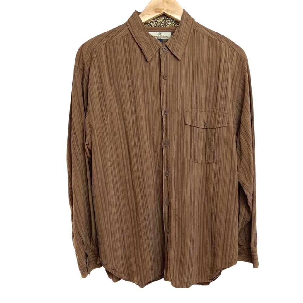 Tommy Bahama 100% Silk Brown and Green Striped Dress Shirt Medium